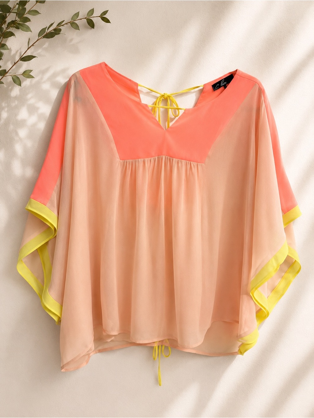 NWT Boutique Peach & Coral Sheer Caftan Tie-Back Blouse with Yellow Trim Size S